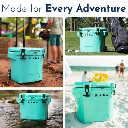 Laka Cooler with Wheels – 30QT Rotomolded Insulated Rolling Hard Cooler, Telescoping Handle, Holds 24 Cans + Ice, Up to 7 Days Cold, Drain Plug, Cup Holders + Bottle Opener, Beach/Camping | Sea Foam