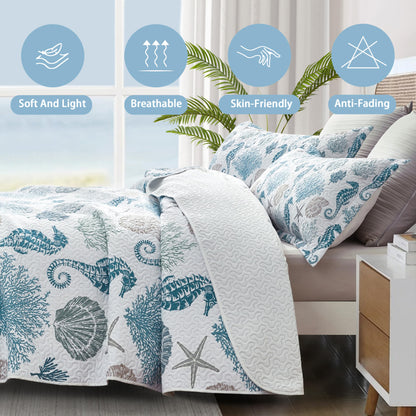 Coastal Bedding King Size Coastal Quilt with 2 Shams, Nautical Beach Comforter Sets Ocean Bedspreads Blue Seahorse Coverlet Summer Bedding, 96''x106''