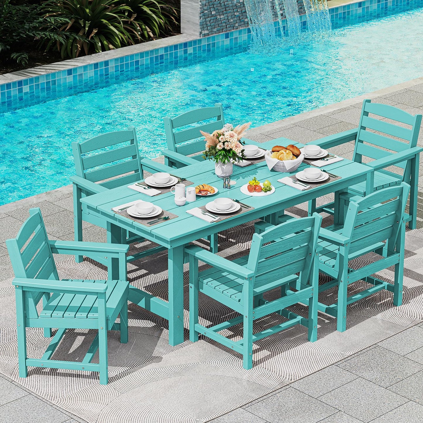 SERWALL 7-Piece Patio Table Set, Outdoor HDPE Dining Furniture with Umbrella Hole, All Weather Table and Chairs for Lawn, Garden, Poolside, Aruba