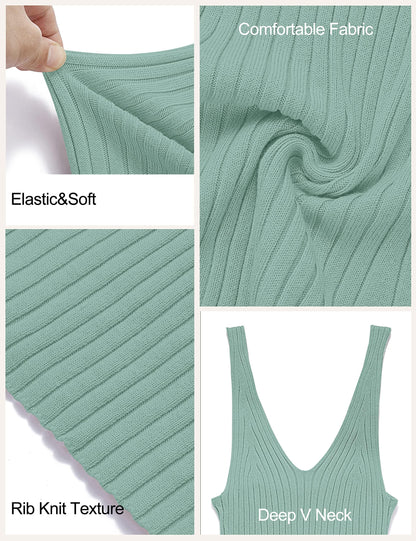 MEROKEETY Womens 2025 Summer V Neck Knit Midi Dress Bodycon Casual Sleeveless Ribbed Party Sweater Dresses,Sage,M
