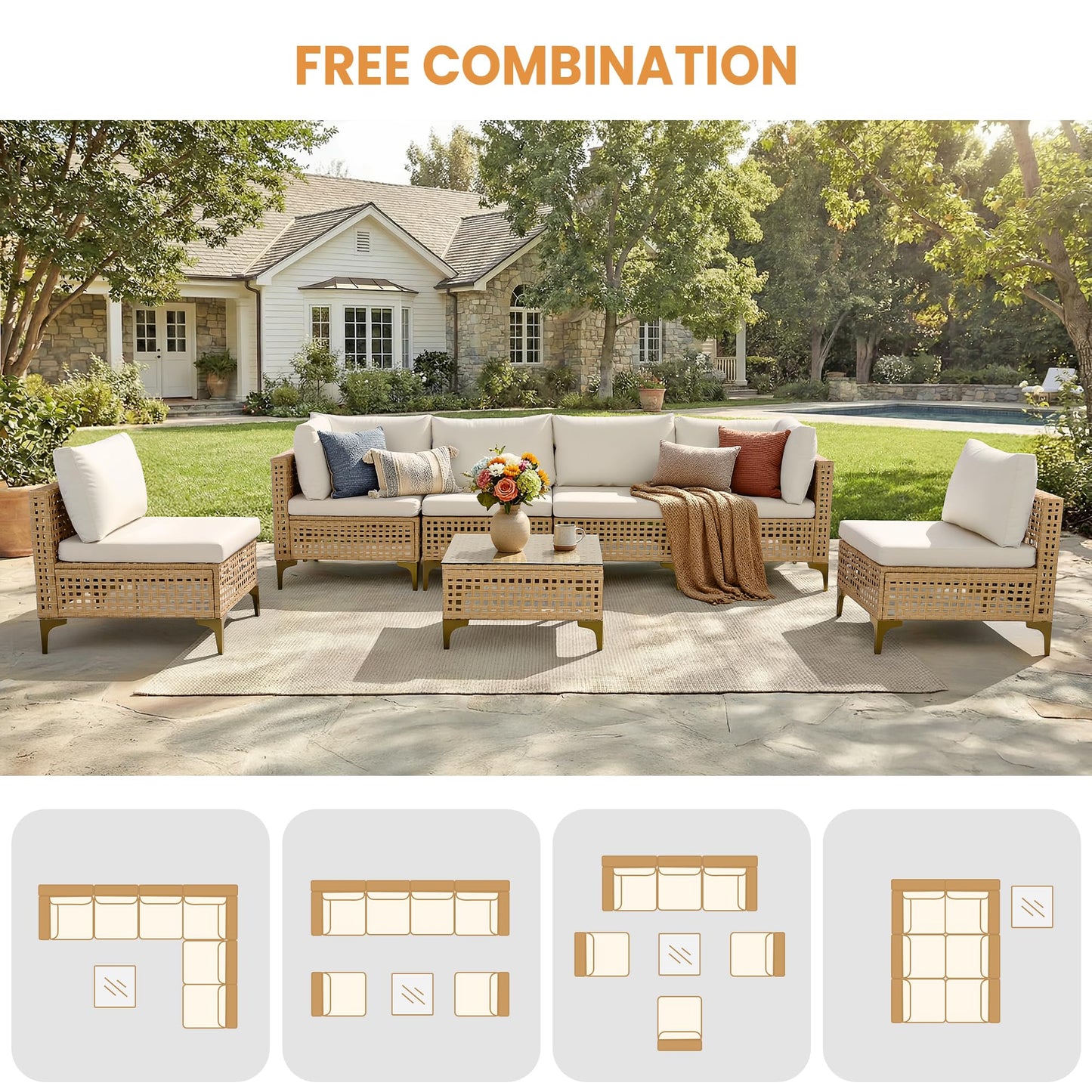 FHFO Patio Furniture Set, 7-Piece Wicker Patio Sectional Sofa Couch, Rattan Outdoor Conversation Set with Thick Cushion & Tempered Glass Coffee Table for Porch, Garden, Backyard (Yellow/Beige)