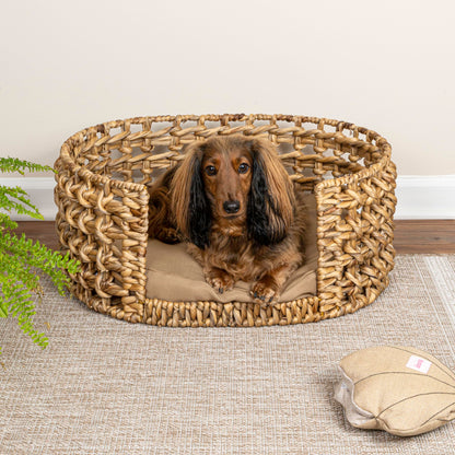 The LICKER Store DBD4000A Gigi 24" x 18" Modern Bohemian Handwoven Hyacinth Open-Weave Oval Pet Bed with Machine-Washable Cushion, Natural