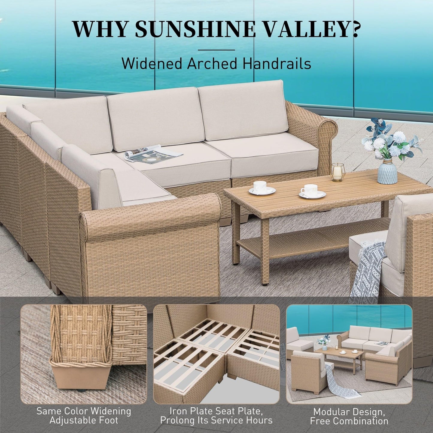 Patio Furniture Set 6 Piece, Wicker Rattan Sectional Sofa Couch with 5.5" Thick Waterproof Cushion and Coffee Table, L Shape All Weather Outdoor Conversation Set for Lawn Backyard Deck, Beige