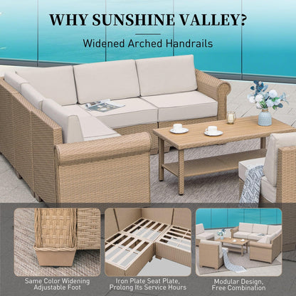 Patio Furniture Set 6 Piece, Wicker Rattan Sectional Sofa Couch with 5.5" Thick Waterproof Cushion and Coffee Table, L Shape All Weather Outdoor Conversation Set for Lawn Backyard Deck, Beige