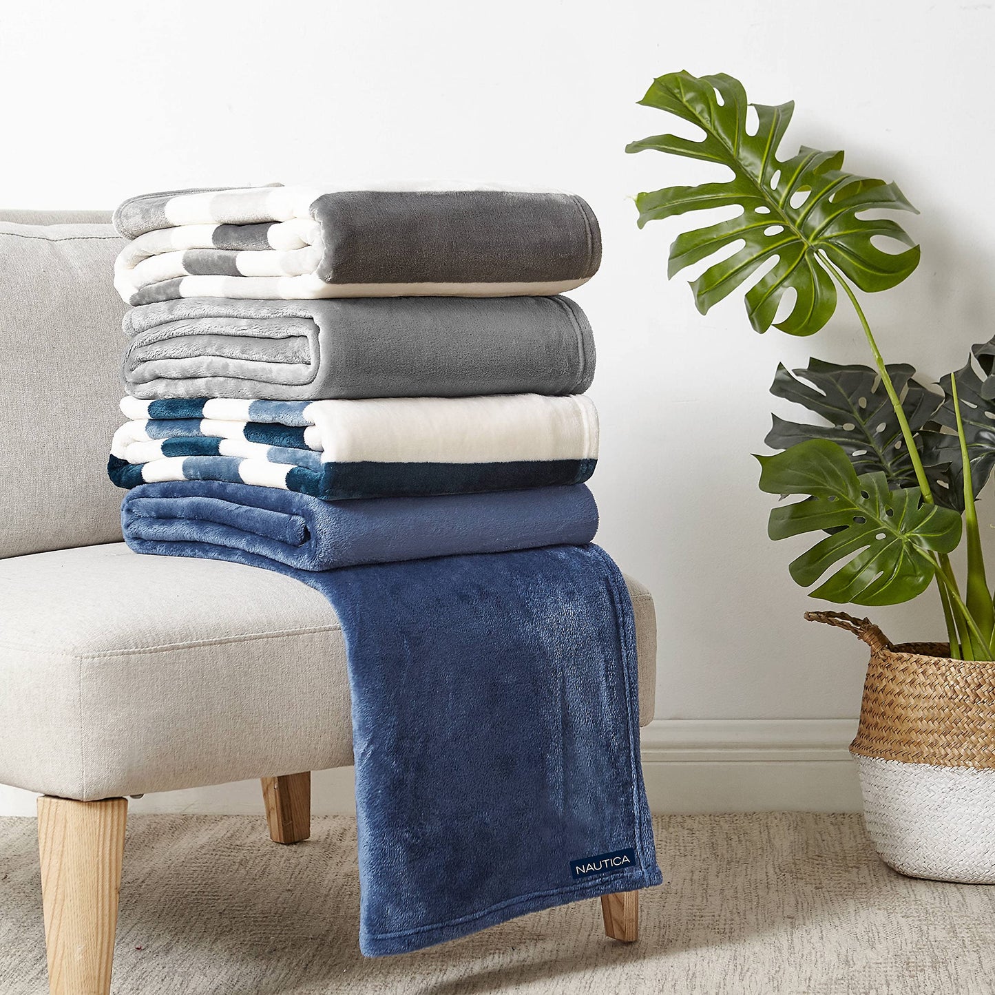 Nautica - Blanket, Ultra-Soft Plush Fleece Blanket for Bed or Couch, Lightweight Micro Flannel Throw Blanket for Year Round Comfort (Awning Stripe Blue, 50" x 60")