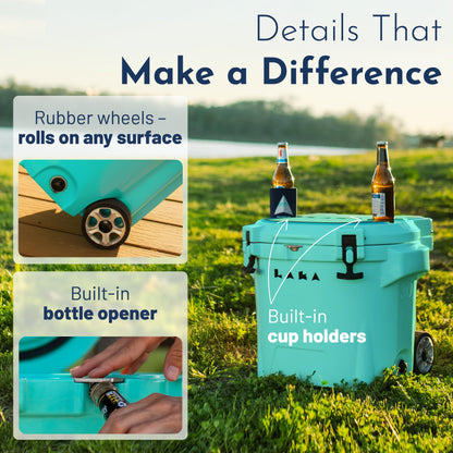 Laka Cooler with Wheels – 30QT Rotomolded Insulated Rolling Hard Cooler, Telescoping Handle, Holds 24 Cans + Ice, Up to 7 Days Cold, Drain Plug, Cup Holders + Bottle Opener, Beach/Camping | Sea Foam