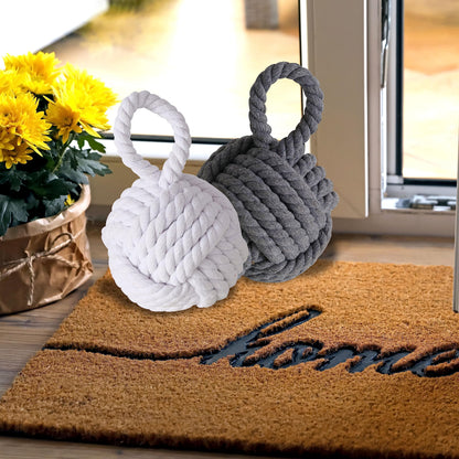 Nautical Knot Door Stopper, Set of 2, Grey and White, Natural Jute Rope, Hand Tied, Loop Handle, 6 D x 9 H inches, Weighted, 5.5 Pounds Together