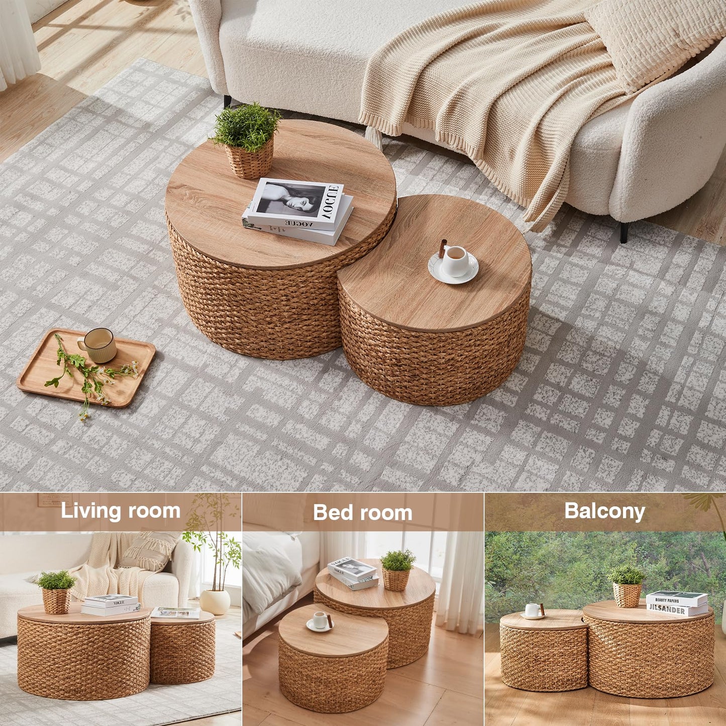 Giofanzo Round Nesting Coffee Table Set of 2 with Storage - Handwoven Wicker Rattan Ottoman Style, Boho Coastal Coffee Tables for Living Room, Rattan Coffee Table with Cover & Soild Wood Frame