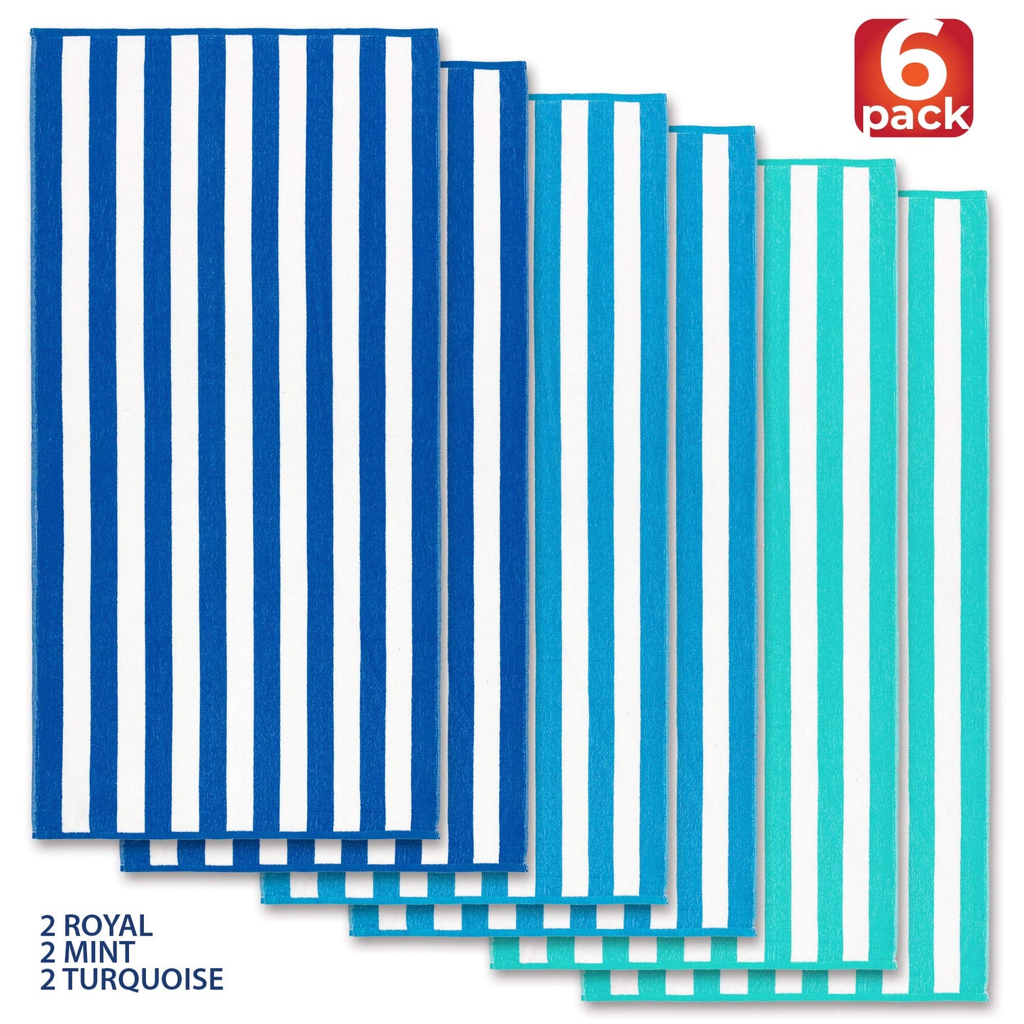 Beachland Classic Cabana Stripe Beach Towel - 30 x 60 inch - Soft Cotton Terry Resort Style Perfect for Beach and Pool (Royal-Mint-Tur, 6 Pack)