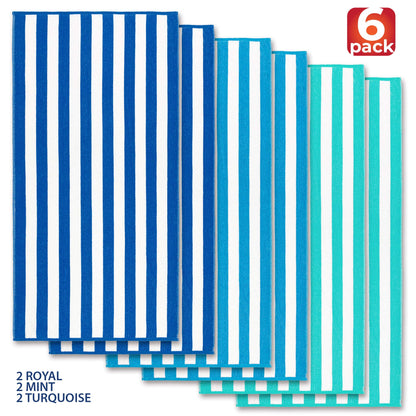Beachland Classic Cabana Stripe Beach Towel - 30 x 60 inch - Soft Cotton Terry Resort Style Perfect for Beach and Pool (Royal-Mint-Tur, 6 Pack)