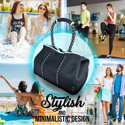 Nordic By Nature Large Designer Neoprene Beach Bag Tote For Women & Men Versatile Pool Bag With Zippered Pockets, For The Boat, Beach or Pool (Black/Turquoise)