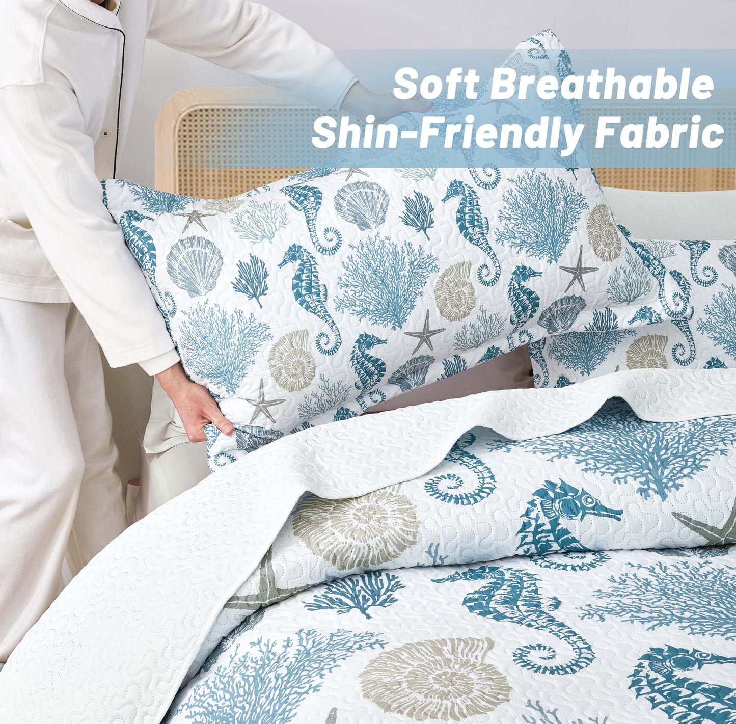 Coastal Bedding King Size Coastal Quilt with 2 Shams, Nautical Beach Comforter Sets Ocean Bedspreads Blue Seahorse Coverlet Summer Bedding, 96''x106''