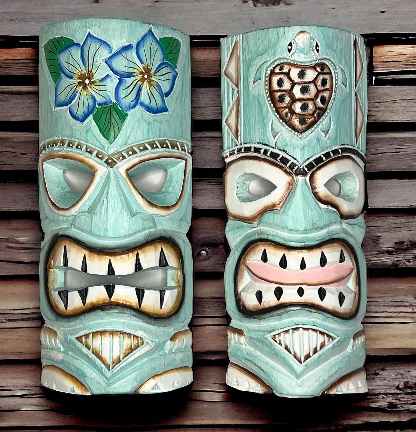 Top Brass Set of 2 – Aqua Teal Tiki Mask – Unique Hand Carved Wall Hanging or Freestanding Sculpture – Tropical Polynesian Flowers and Hawaiian Sea Turtle – Tribal Party Beach Luau Bar Decor