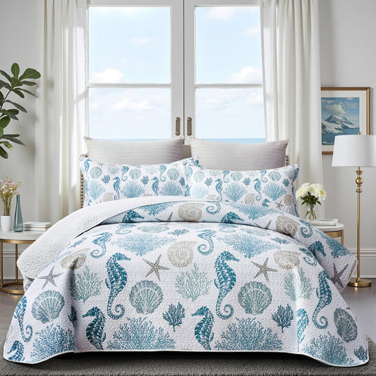 Coastal Bedding King Size Coastal Quilt with 2 Shams, Nautical Beach Comforter Sets Ocean Bedspreads Blue Seahorse Coverlet Summer Bedding, 96''x106''