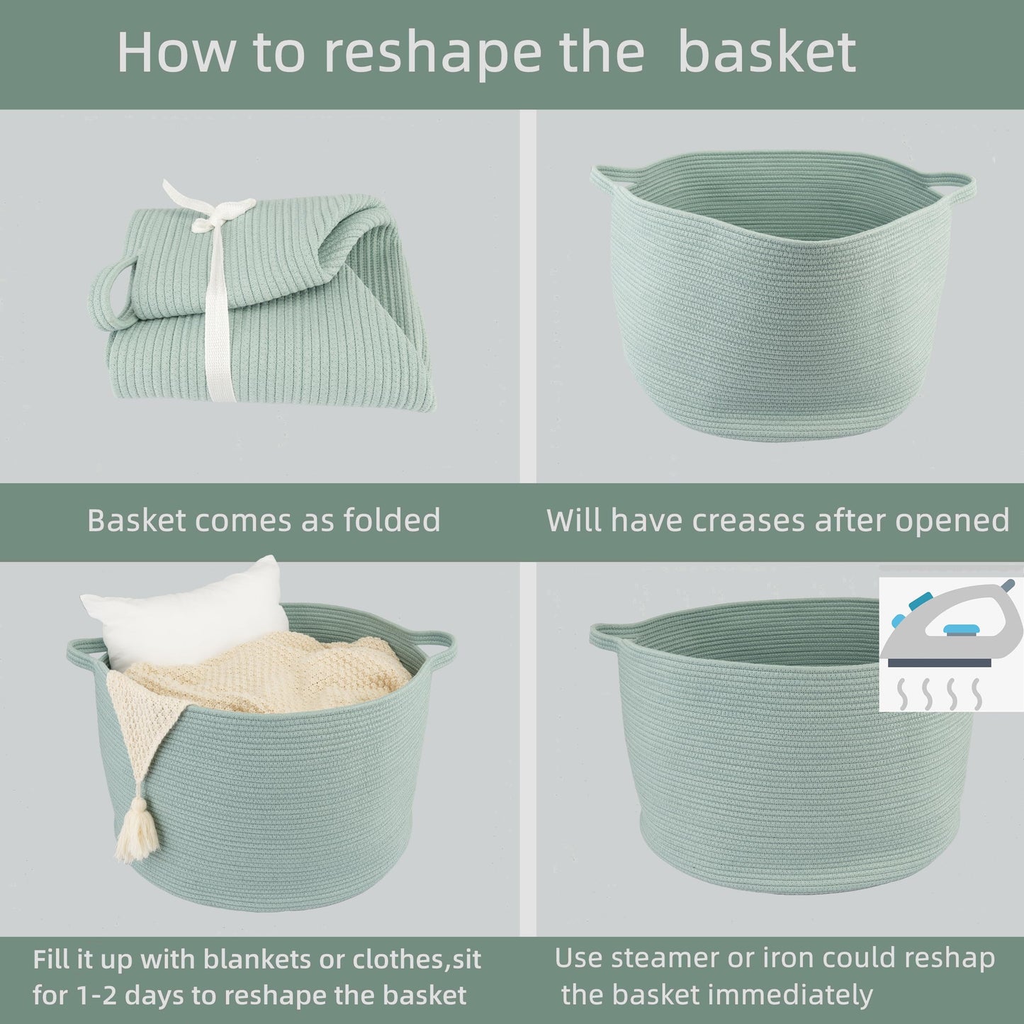 XUANGUO Large Cotton Rope Basket – 22"x14" Woven Storage Basket for Blankets, Toys, Laundry, and Nursery – Round Baskets for Living Room, Kids, and Pets Light Green