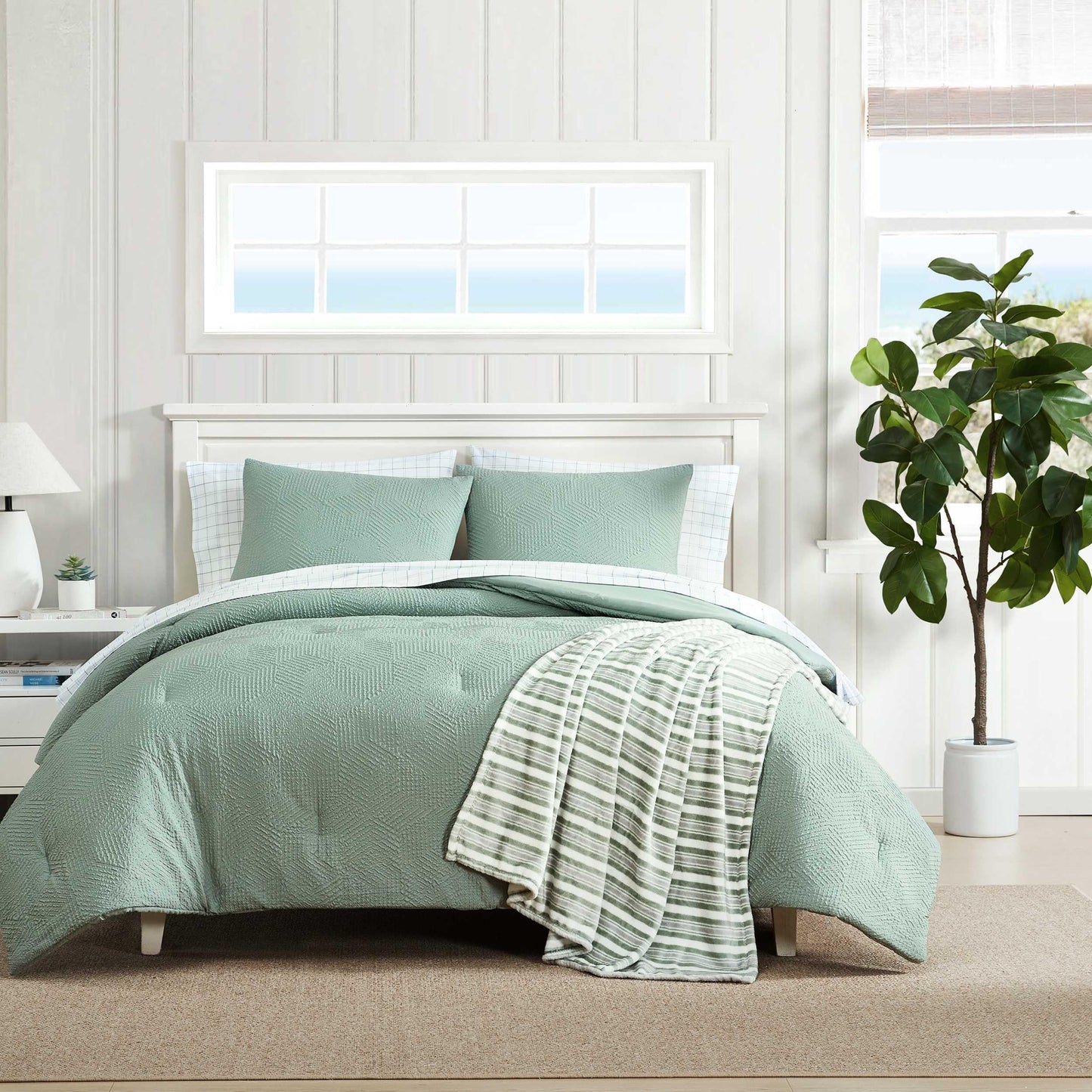 Nautica - Queen Comforter Set, 100% Soft Plush Bedding with an Embossed Texture, Reversible Bed Set with Matching Bed Sheets, Pillowcases & Decorative Pillows (Broken Lines Sage Green)