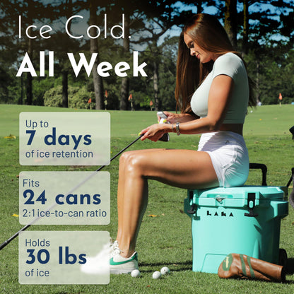 Laka Cooler with Wheels – 30QT Rotomolded Insulated Rolling Hard Cooler, Telescoping Handle, Holds 24 Cans + Ice, Up to 7 Days Cold, Drain Plug, Cup Holders + Bottle Opener, Beach/Camping | Sea Foam