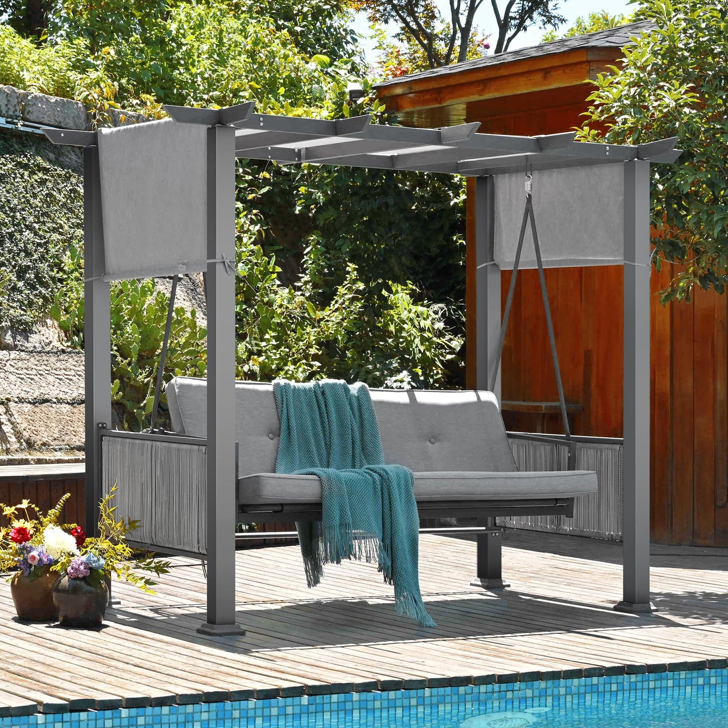 Pamapic 2-in-1 Convertible Porch Swing Bed, 3-Seat Elegant Patio Swing with Wicker Armrests, Outdoor Chair with Adjustable Canopy for Balcony, Garden, and Poolside, Gray