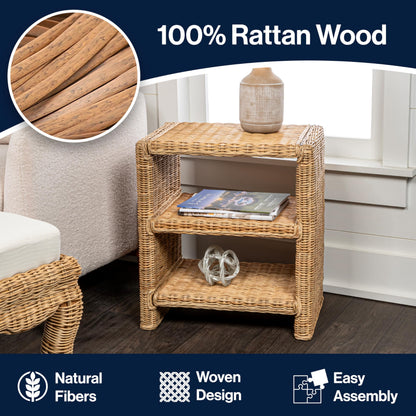 JONATHAN Y NST1000A Praerie 22" Coastal Bohemian Rattan/Wood 3 Tier End Table for Home, Living Room, Bedroom, Guest Room, Entryway, Natural