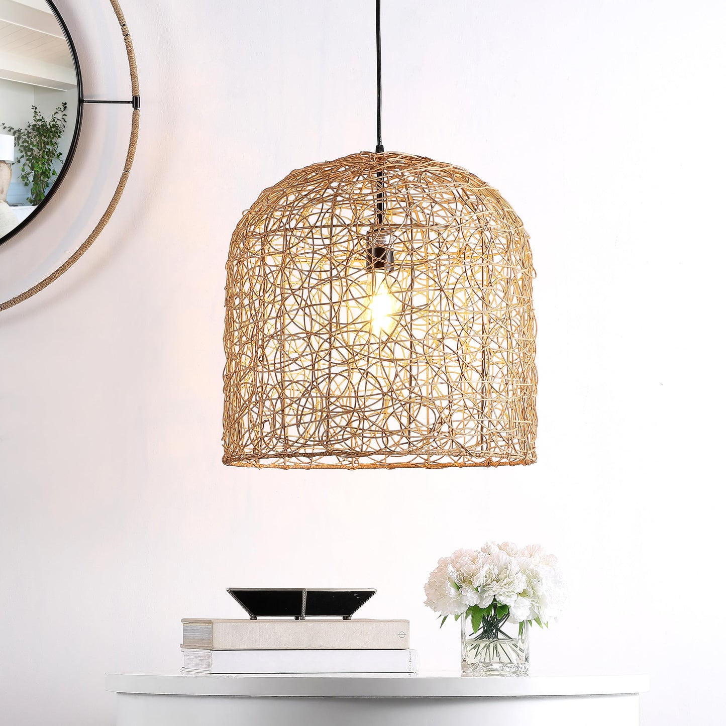 SAFAVIEH Lighting Collection Bianco Boho Coastal Tropical Natural Rattan 18-inch Pendant