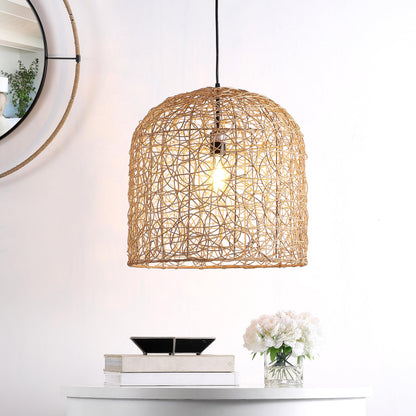 SAFAVIEH Lighting Collection Bianco Boho Coastal Tropical Natural Rattan 18-inch Pendant