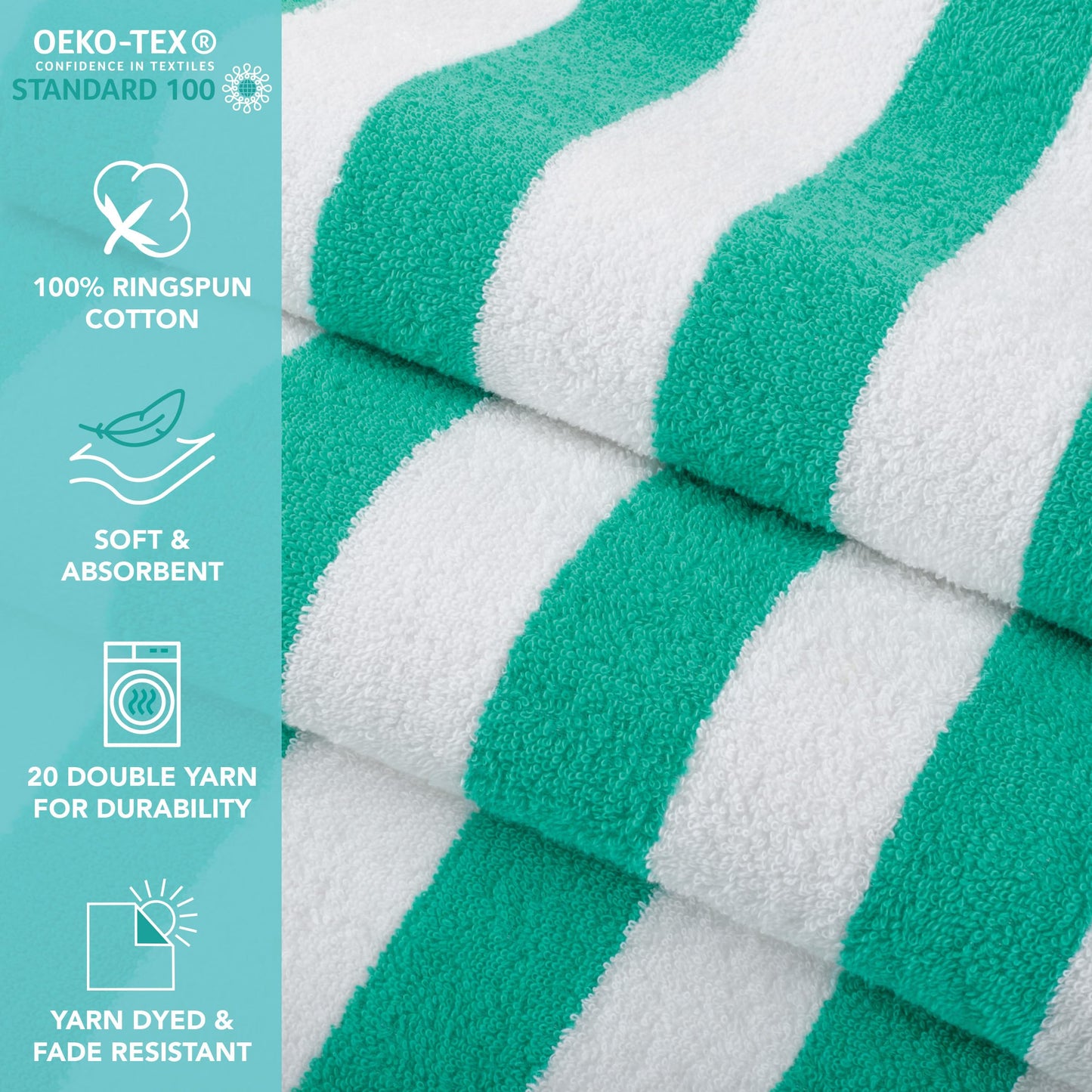 Arkwright California Cabana Stripe Beach Towel - Pack of 4, Large Soft Quick Dry Cotton Terry Towels Set for Pool, Swim, and Hot Tub, Oversized 30 x 70 in, Green