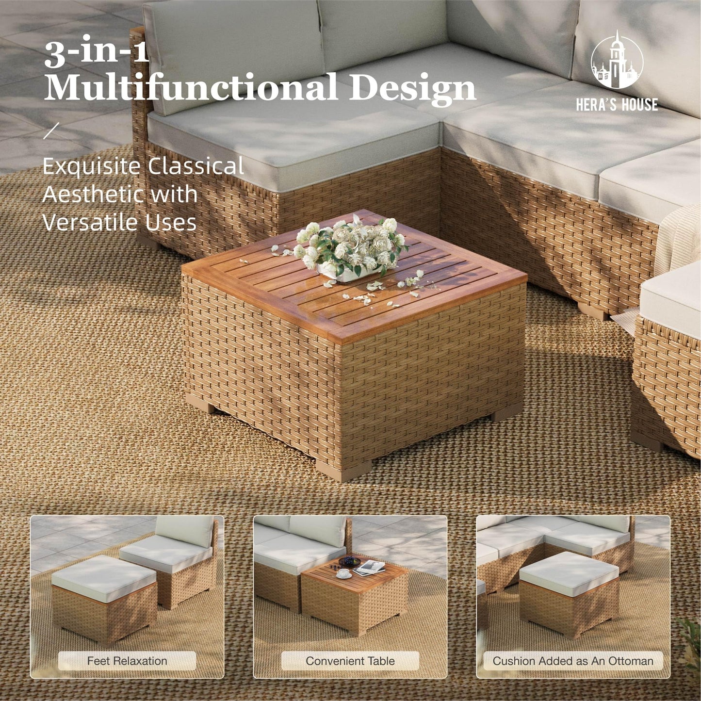 HERA'S HOUSE Wicker Patio Furniture Set, 7 Pieces Outdoor Sectional Sets with 6 Seats, Rattan Conversation Set with Sofa and Wood Coffee Table for Garden and Backyard, l Shape Boho Balcony Couch Set