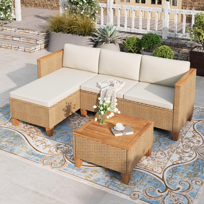 HERA'S HOUSE Small Patio Furniture Set, 3 Pieces Wicker Outdoor Sectional Sets,Yellow Rattan Conversation Set with Sofa and Coffee Table for Garden and Backyard, l Shape Boho Balcony Couch Sets
