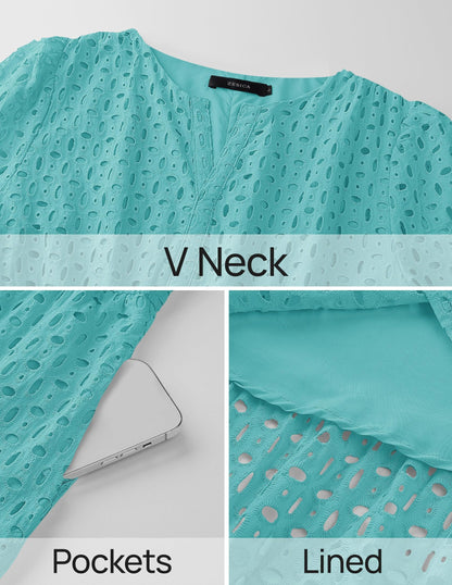 ZESICA Women's 2026 Summer Short Sleeve Maxi Dress Casual V Neck Hollow Out Eyelet Ruffle Swing A Line Long Dresses,Aqua,Large