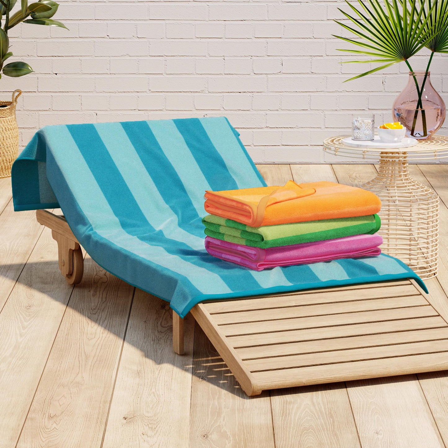 Great Bay Home 100% Cotton Velour Oversized 4 Pack Beach Towels 35" x 70" - Cabana Pool Towels - Quick Dry, Large Swim Towels for Adults and Kids (Orange, Pink, Blue, Green).