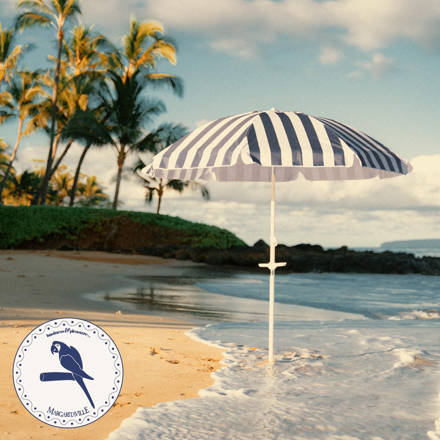 Business & Pleasure Co. Margaritaville Manana Umbrella - 6.5' Beach Umbrella Sand Anchor, 7' Tall Telescopic Aluminum Pole, UPF 50+, Last Mango Green Tiki