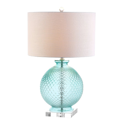 JONATHAN Y JYL2003A 26" Contemporary Glass Table Lamp, Aqua Blue Crystal Bedside Lamp for Living Room, Bedroom Nightstand, Coastal End Table Desk Lamp with White Linen Drum Shade, LED Bulb Included