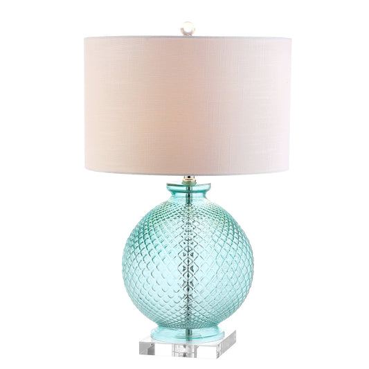 JONATHAN Y JYL2003A 26" Contemporary Glass Table Lamp, Aqua Blue Crystal Bedside Lamp for Living Room, Bedroom Nightstand, Coastal End Table Desk Lamp with White Linen Drum Shade, LED Bulb Included