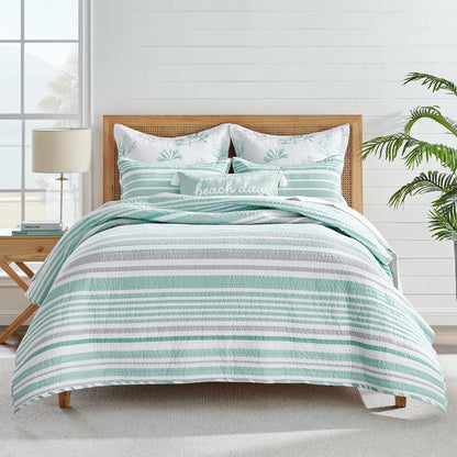 Levtex Home - Truro Spa Quilt Set - Full/Queen Quilt and Two Standard Shams - Stripe - Spa, Grey and White - Quilt (88x92in.) and Shams (20x26in.) - Reversible - Cotton