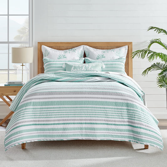 Levtex Home - Truro Spa Quilt Set - Full/Queen Quilt and Two Standard Shams - Stripe - Spa, Grey and White - Quilt (88x92in.) and Shams (20x26in.) - Reversible - Cotton