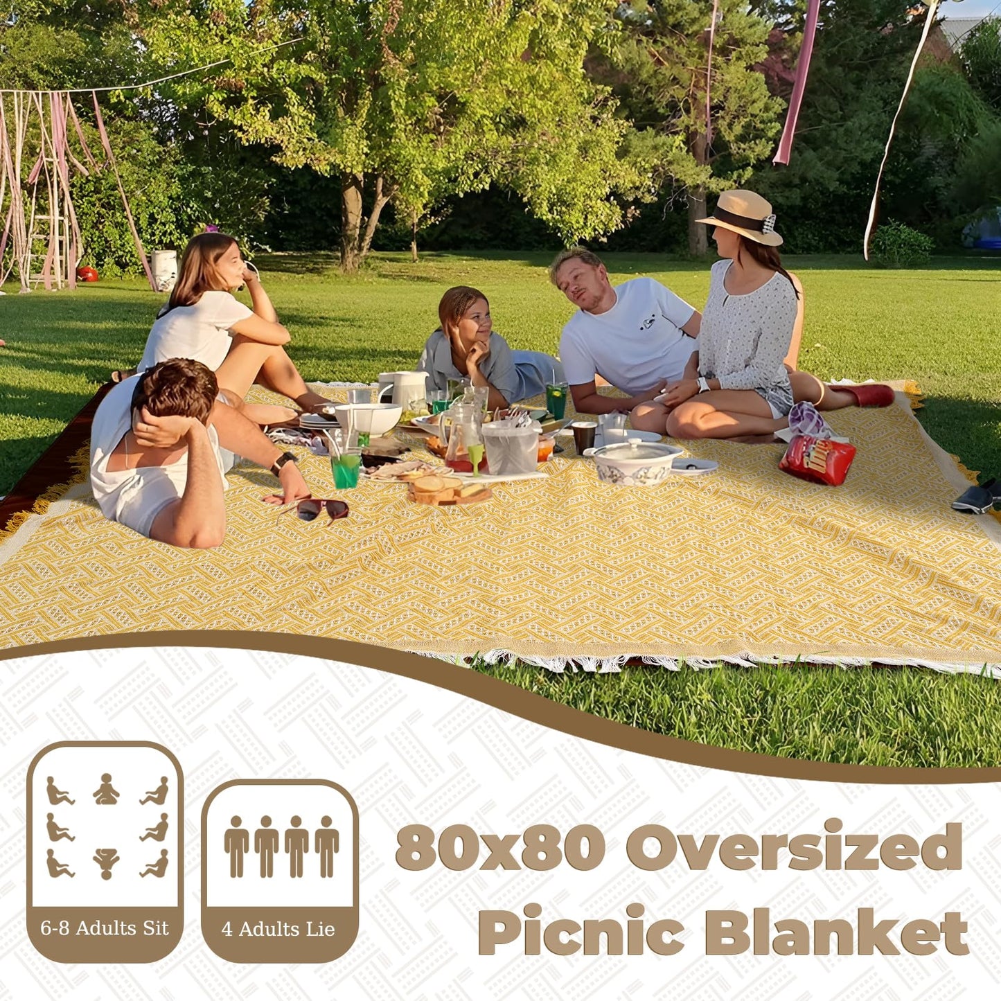 Genovega 2 in 1 Extra Large 80"* 80" Picnic Blankets Waterproof Outdoor Beach Blanket Foldable Camping Mat Supplies Europe Travel Accessories Hawaii Necessities Hiking Items Yellow