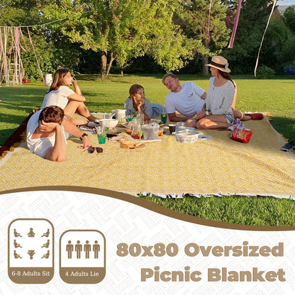 Genovega 2 in 1 Extra Large 80"* 80" Picnic Blankets Waterproof Outdoor Beach Blanket Foldable Camping Mat Supplies Europe Travel Accessories Hawaii Necessities Hiking Items Yellow