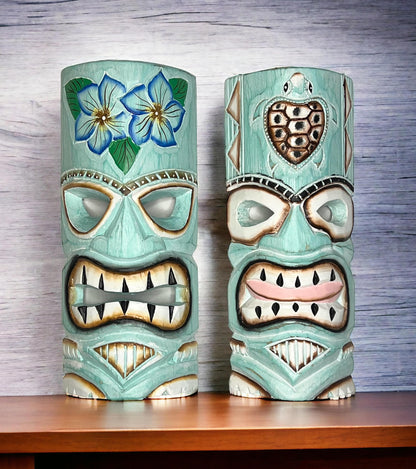 Top Brass Set of 2 – Aqua Teal Tiki Mask – Unique Hand Carved Wall Hanging or Freestanding Sculpture – Tropical Polynesian Flowers and Hawaiian Sea Turtle – Tribal Party Beach Luau Bar Decor