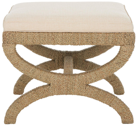 SAFAVIEH Couture Collection Aikan Coastal Natural/Beige Woven Seagrass Solid Wood Ottoman Foot Stool (Fully Assembled)