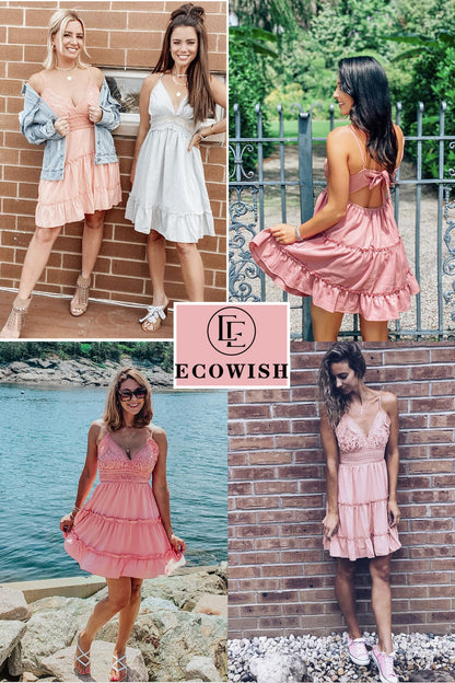 ECOWISH Summer Dresses for Women 2025 V-Neck Spaghetti Strap Bowknot Backless Sleeveless Lace Mini Swing Skater Dress Pink-1 Large