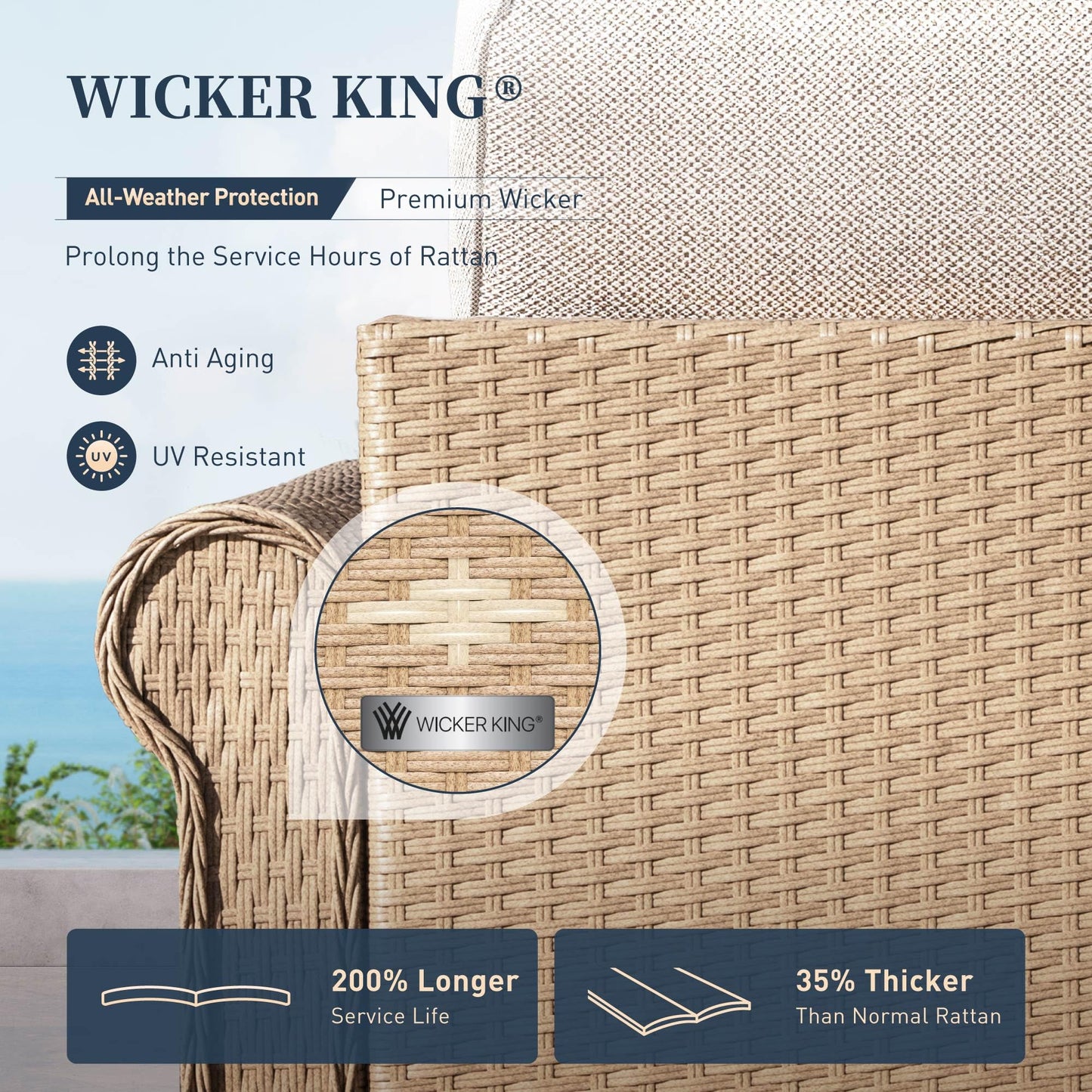 Patio Furniture Set 6 Piece, Wicker Rattan Sectional Sofa Couch with 5.5" Thick Waterproof Cushion and Coffee Table, L Shape All Weather Outdoor Conversation Set for Lawn Backyard Deck, Beige