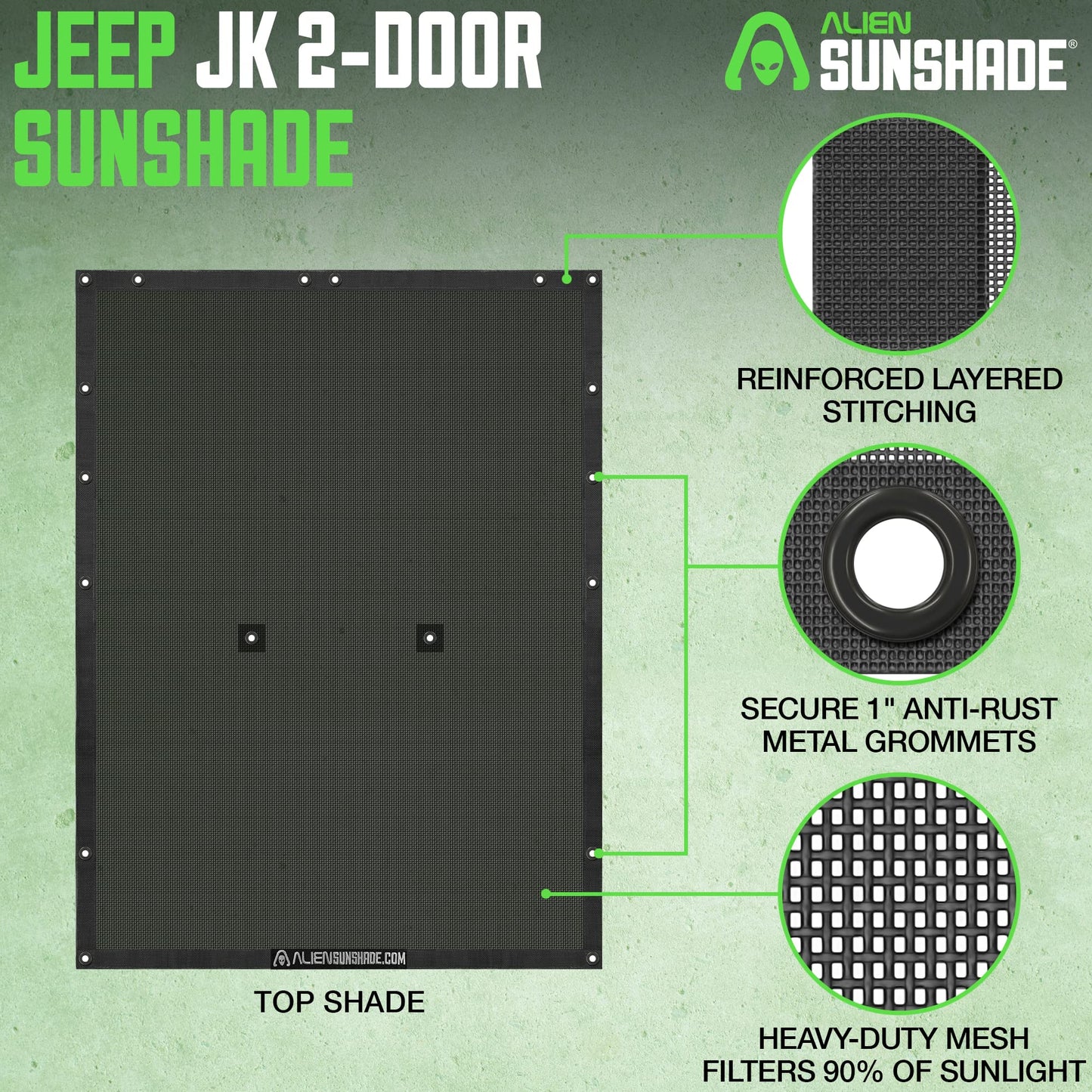 Alien Sunshade Jeep Wrangler JK Black (2007-2018) Full Length Mesh Sun Shade for JK 2 Door - Blocks UV, Jeep Gifts, Wind, Noise - Bikini Jkini Top Cover for Sport, Sport S, Sahara, Rubicon