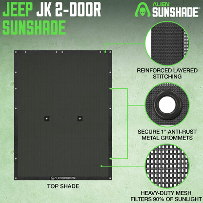 Alien Sunshade Jeep Wrangler JK Black (2007-2018) Full Length Mesh Sun Shade for JK 2 Door - Blocks UV, Jeep Gifts, Wind, Noise - Bikini Jkini Top Cover for Sport, Sport S, Sahara, Rubicon