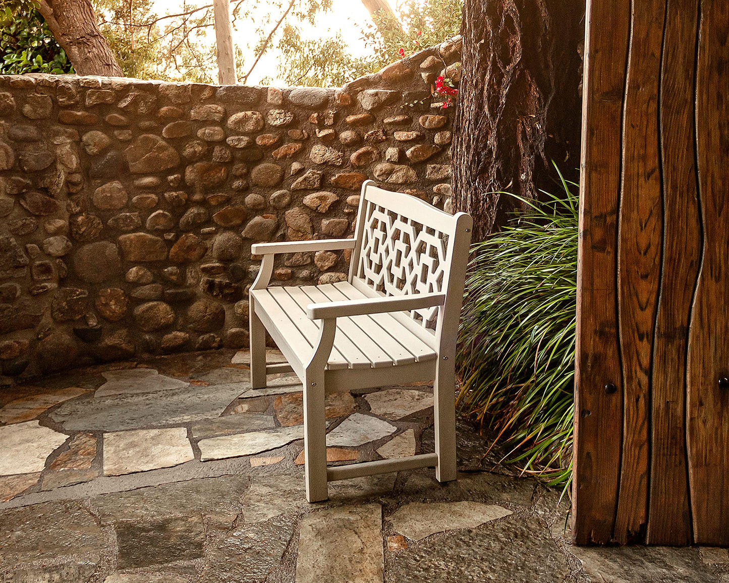 Martha Stewart by POLYWOOD Chinoiserie 48" Outdoor Bench for Patio, Porch & Backyard, Sand - Durable All-Weather HDPE Garden Seat with Back Support - Classic 2 Person Seating, Made in The USA