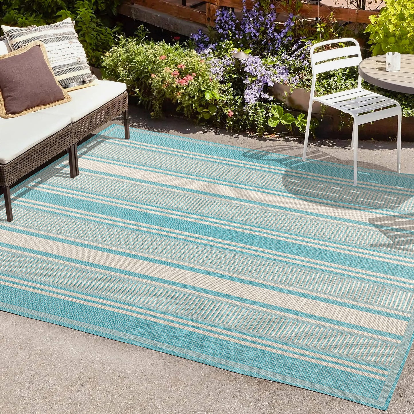JONATHAN Y Double Stripe Indoor Outdoor Area Rug 5X8 Aqua/Beige, Haynes Modern for Backyard, Patio, Porch, Easy-Cleaning, High Traffic, Pet-Friendly, Non-Shedding (SMB202A-5)