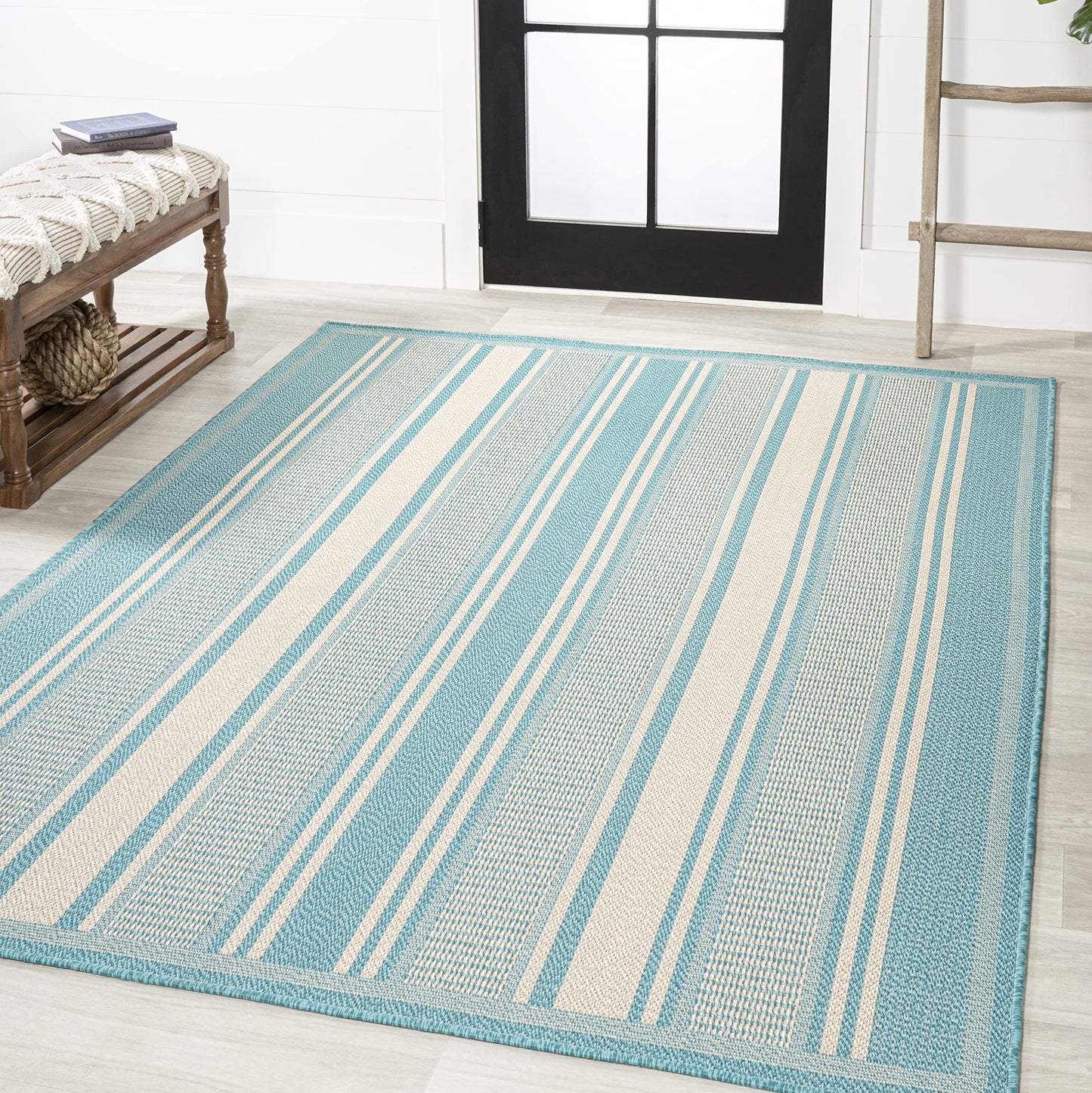 JONATHAN Y Double Stripe Indoor Outdoor Area Rug 5X8 Aqua/Beige, Haynes Modern for Backyard, Patio, Porch, Easy-Cleaning, High Traffic, Pet-Friendly, Non-Shedding (SMB202A-5)