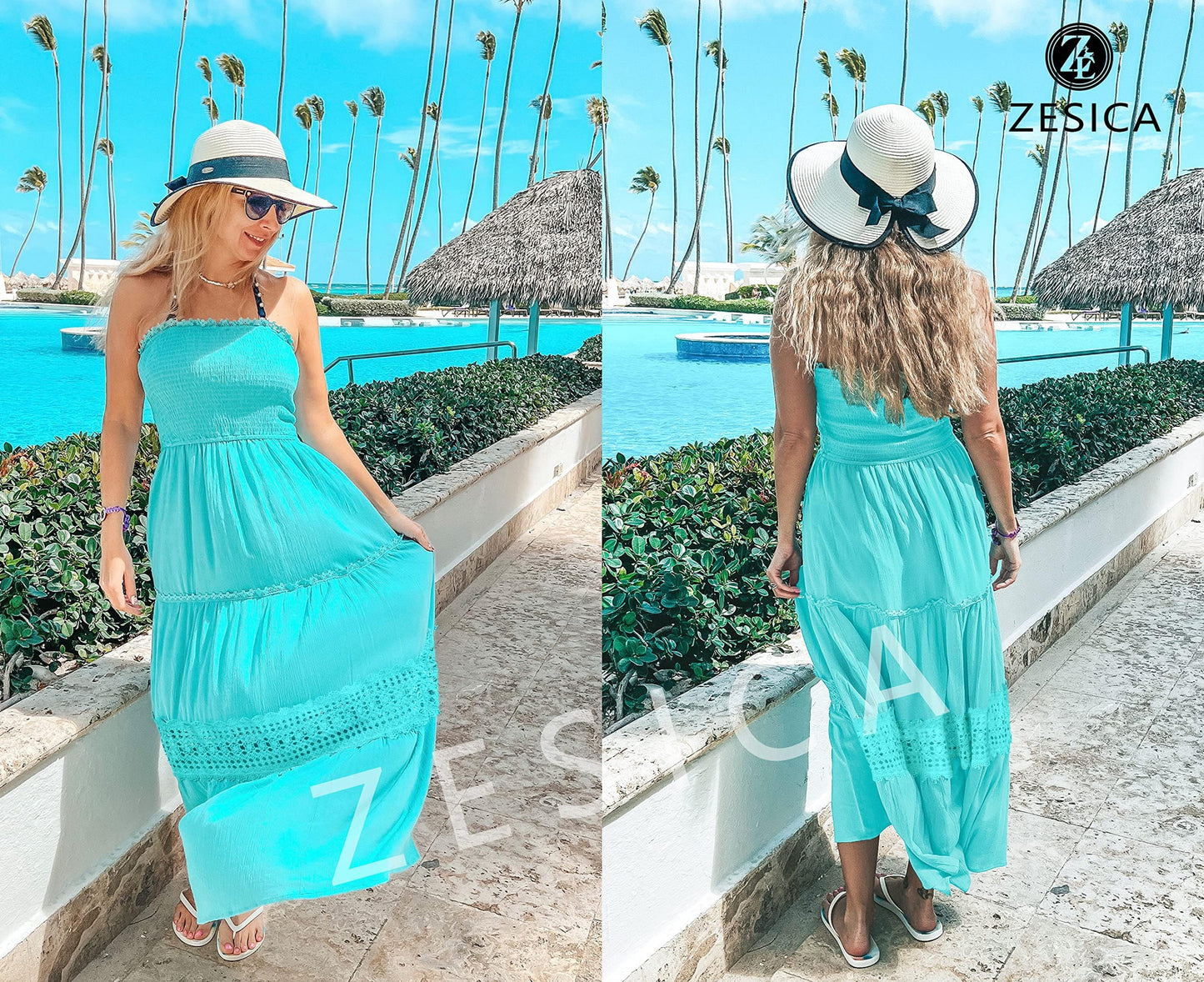 ZESICA Women's 2025 Summer Bohemian Strapless Off Shoulder Lace Trim Backless Flowy A Line Beach Long Maxi Dress,Aqua,Large