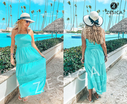 ZESICA Women's 2025 Summer Bohemian Strapless Off Shoulder Lace Trim Backless Flowy A Line Beach Long Maxi Dress,Aqua,Large