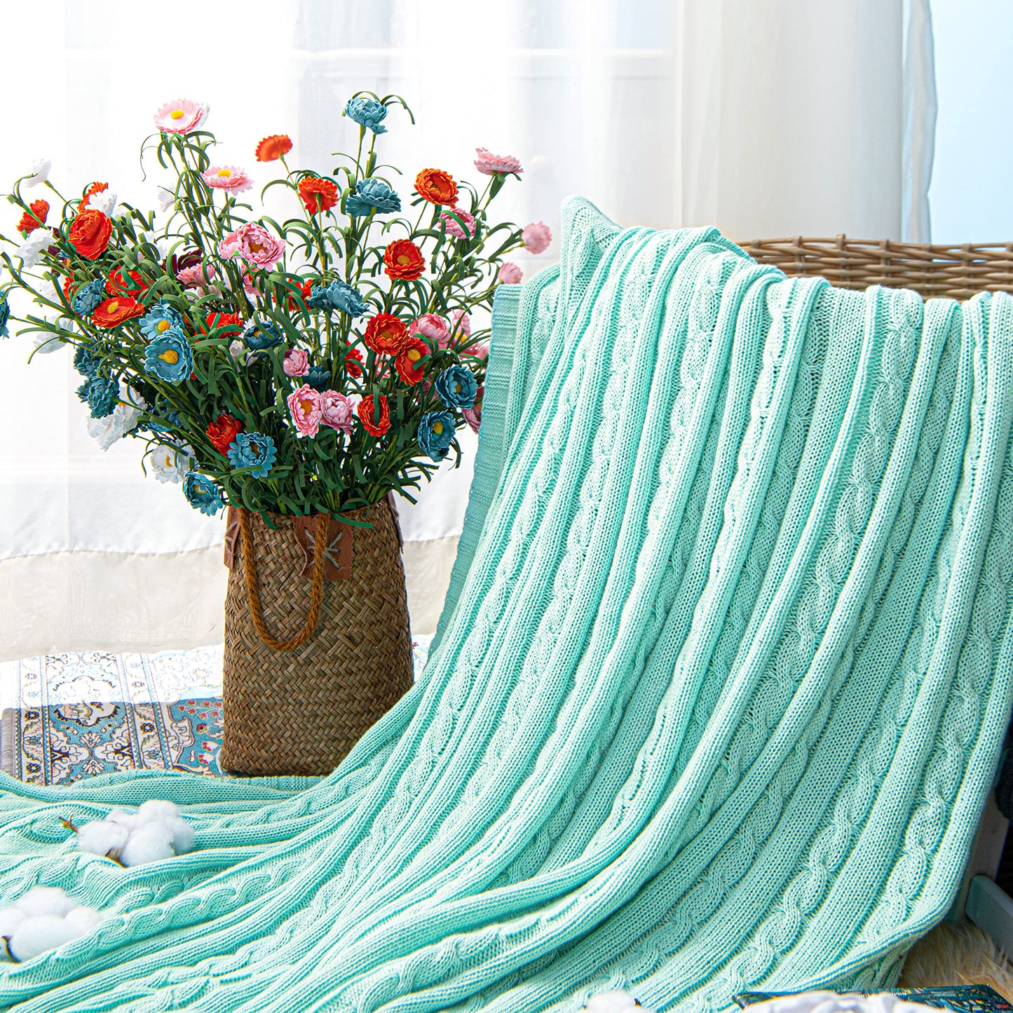 NTBAY 100% Pure Cotton Cable Knit Throw Blanket, Super Soft Warm 51x67 Knitted Throw Blanket for Couch, Sofa, Chair, Bed - Extra Cozy, Machine Washable, Comfortable Home Decor, Mint