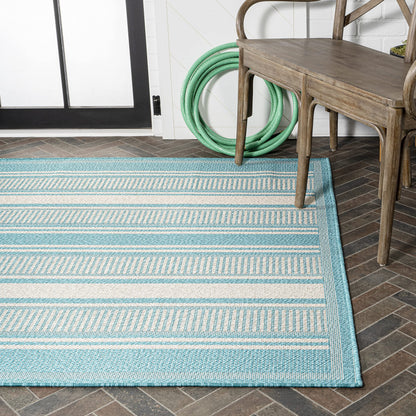 JONATHAN Y Double Stripe Indoor Outdoor Area Rug 5X8 Aqua/Beige, Haynes Modern for Backyard, Patio, Porch, Easy-Cleaning, High Traffic, Pet-Friendly, Non-Shedding (SMB202A-5)